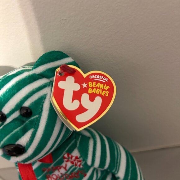 TY BEANIE BABY Striped Green Holiday Teddy With Tags Retired 2007 Plush 9" - Picture 3 of 6